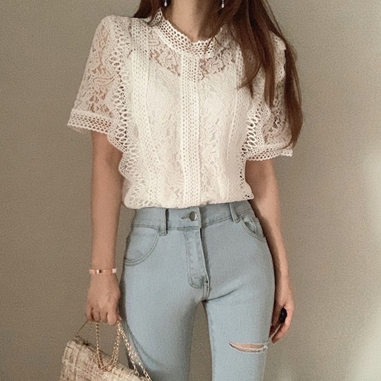 #Sisjuly# Wanita Kemeja Renda Musim Panas Baru Warna Solid Leher Bulat Lengan Pendek Crochet Hollow