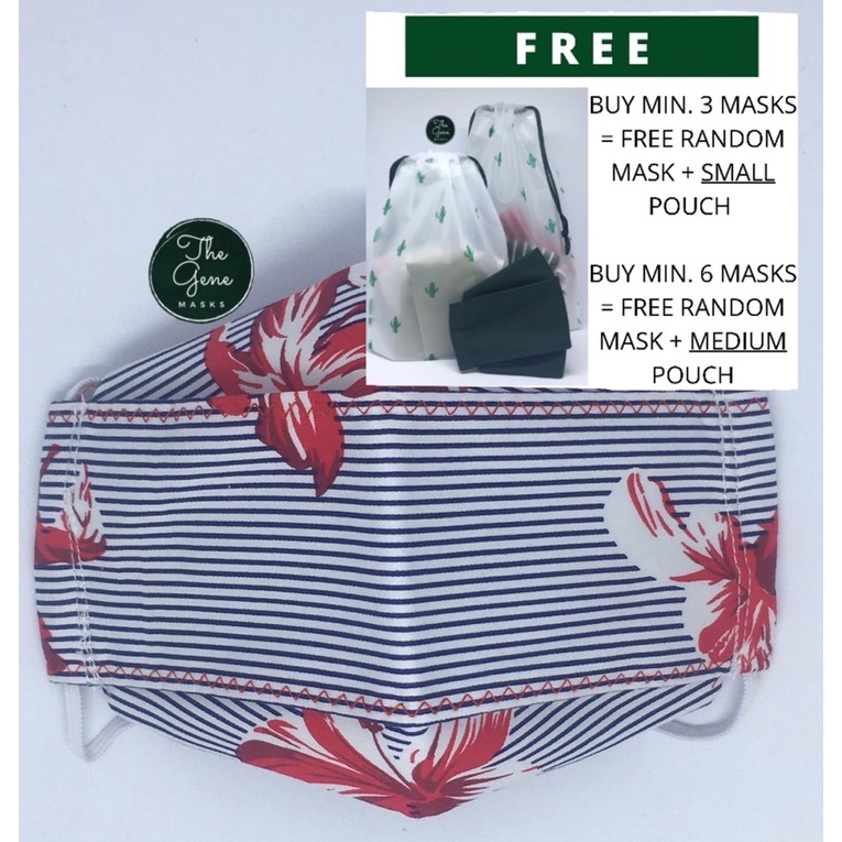 Masker Kain 3 Lapis Premium Putih Hitam Merah Bunga-Bunga Garis-Garis