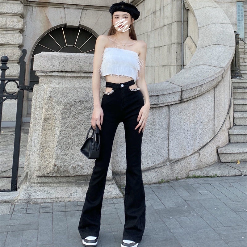 Versi Korea dari Eropa dan Amerika Fashion Micro-La High Waist Denim Lebar Kaki Celana Slim Lurus Hot Girl Style Sexy White Horseshoe Pants