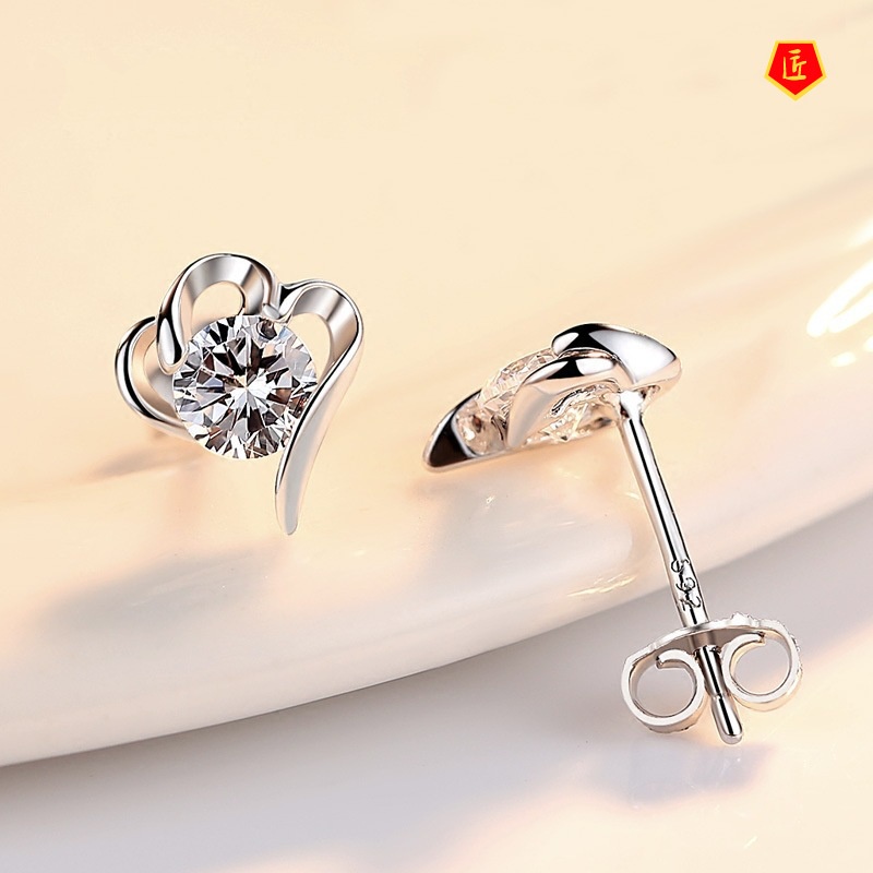 [Ready Stock]Simple Inlaid Diamond Heart-Shaped Stud Earrings