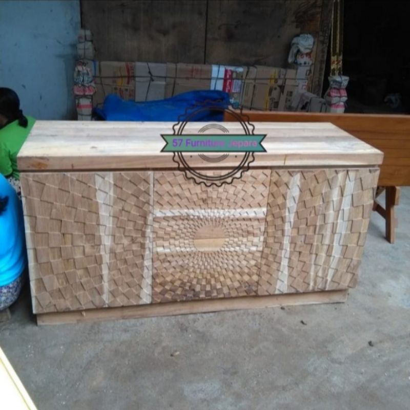 Bufet laci pajangan ruang tamu - Meja TV unik kayu jati mentahan