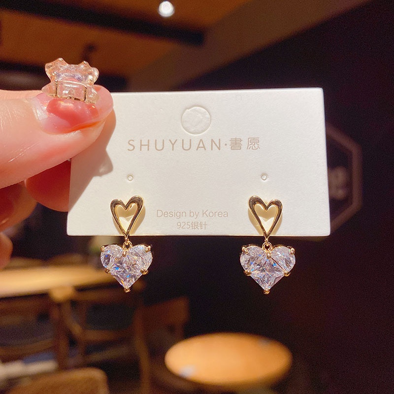 Anting Tusuk Silver Desain Hati Hias Zircon Gaya Korea Untuk Wanita