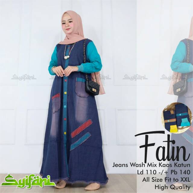 Baju gamis Fatin bahan jeans. Gamis jeans Fatin Ld 110 / pb 140