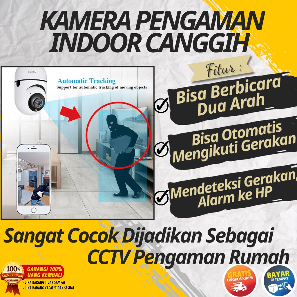 Kamera CCTV Wifi Pintar Pengintai Pengaman Rumah Indoor Terhubung Konek Jarak Jauh Ke HP Handphone