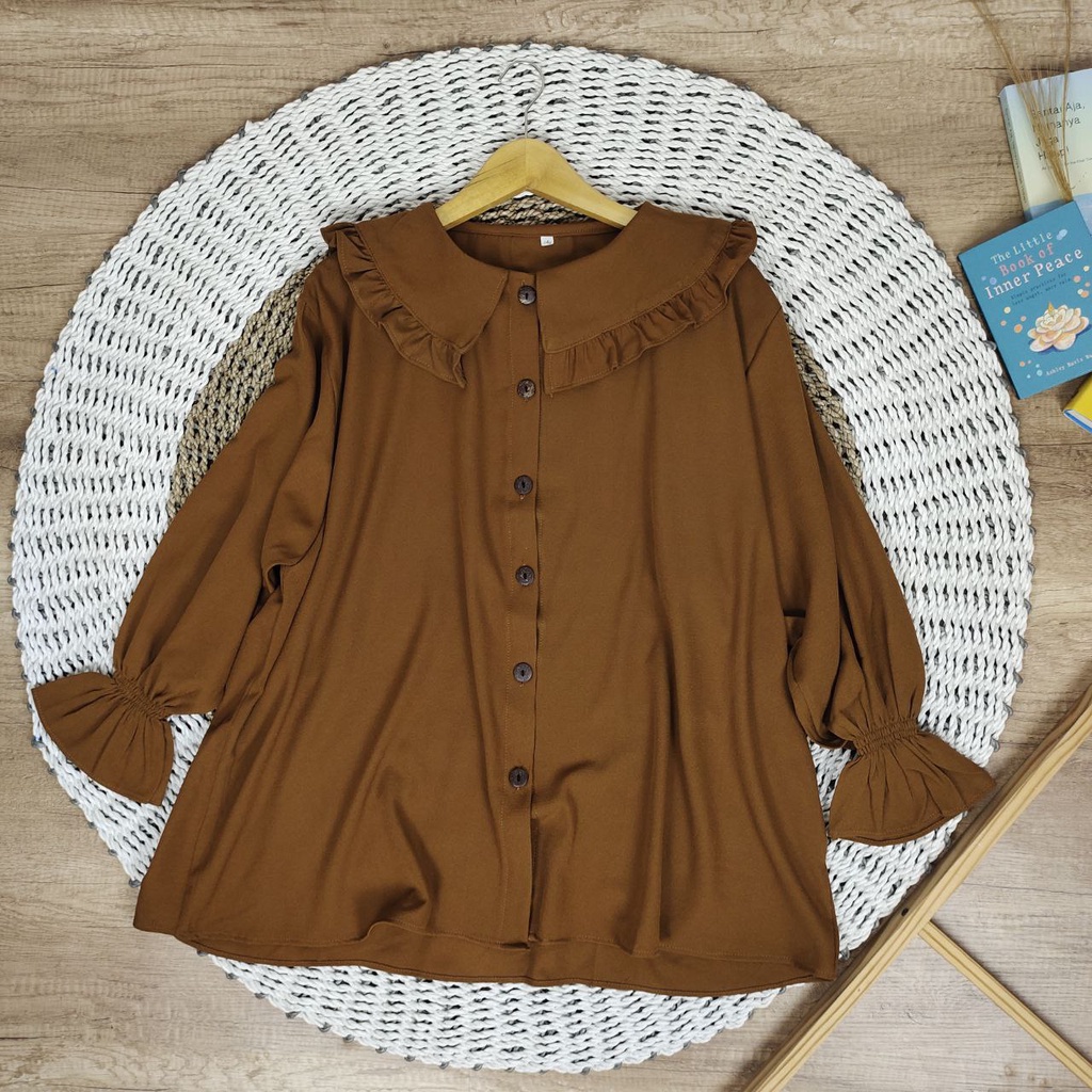 BIANKA BLOUSE  ATASAN JUMBO BIG SIZE OVERSIZE LD 120 130 140 150 BAHAN ITY CREPE (COD)-Coklat