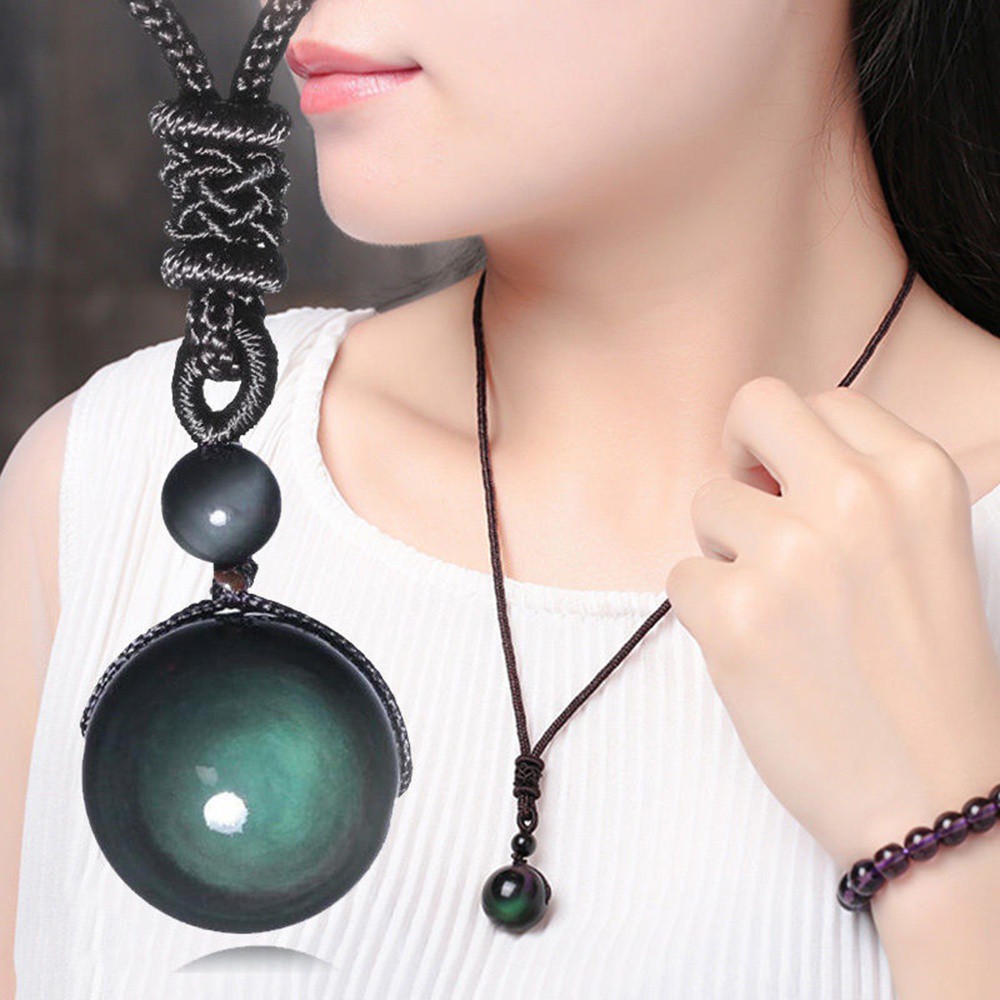 Kalung Wanita Dan Pria Kristal Alami Hitam Obsidian Rainbow Eye Beads