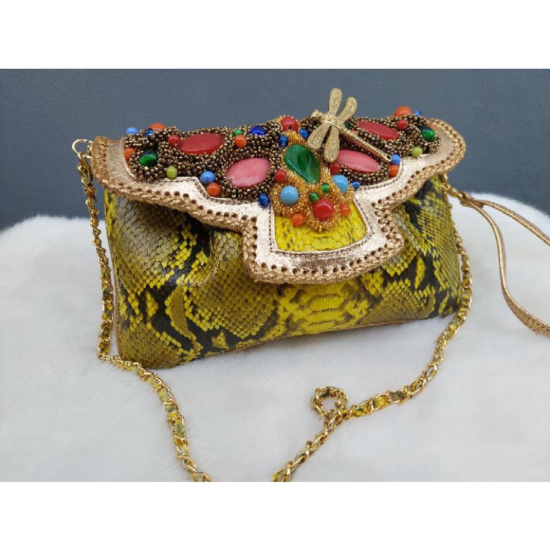 Clutch pesta Raisa size S Warna Kuning - clutch model kipas asli tas kulit ular piton - Tas Pesta Go