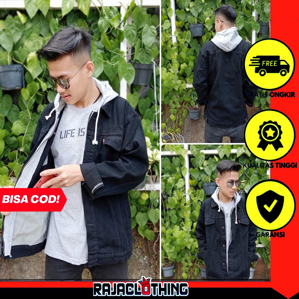 RCL - Jaket Jeans Pria Hoodie Ariel - Black Acid Wash Jumbo Big Size M.L.XL.XXL