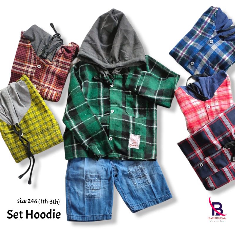 setelan kemeja Hoodie kombinasi jeans pendek