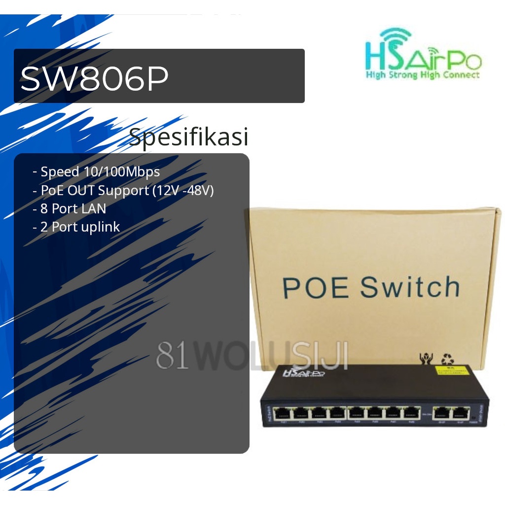 8 Port PoE Injector Switch HSAirpo SW806P 10/100Mbps