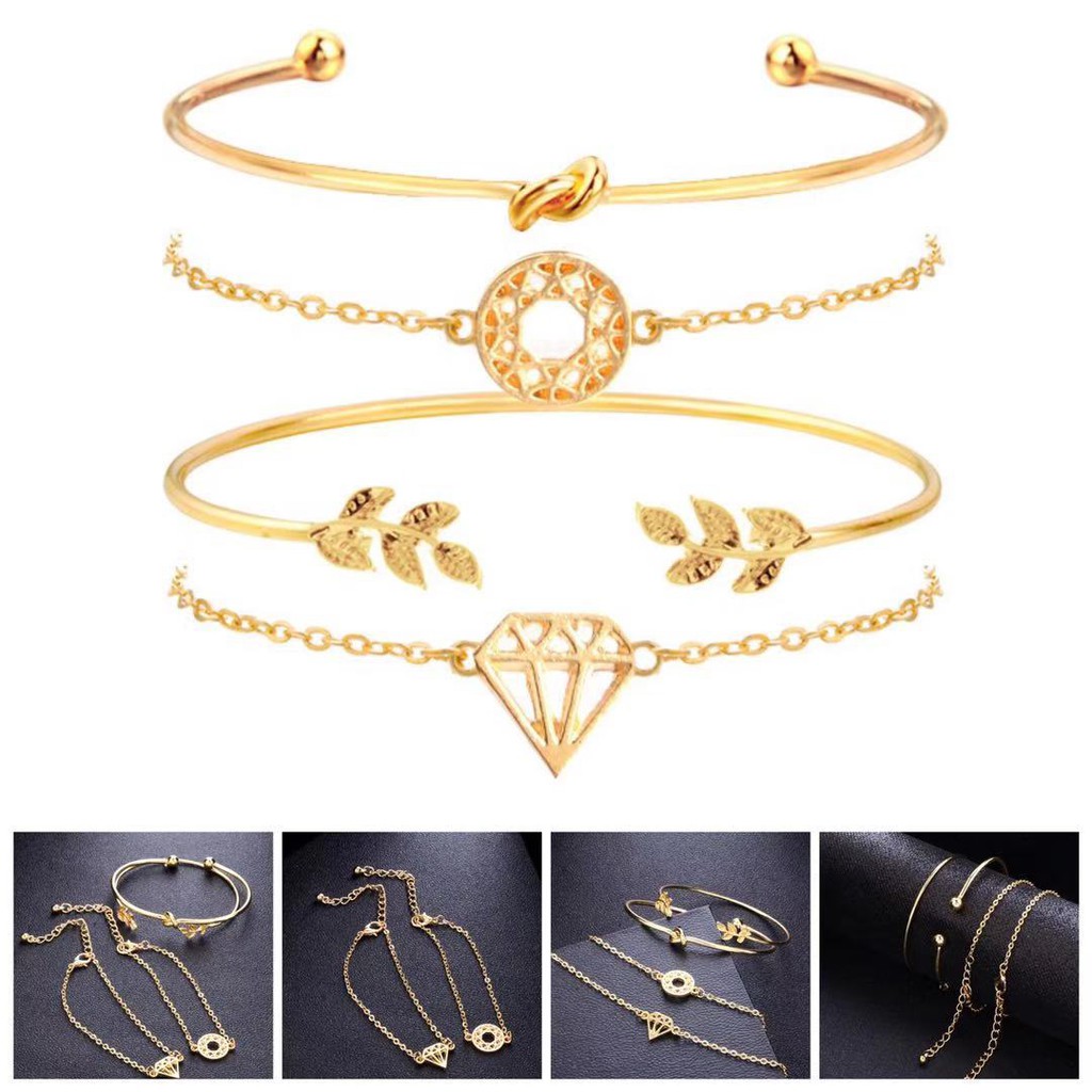 4Pcs / Set Gelang Wanita Model Vintage Simple Elegan Motif Daun Berlian Hollow / Gelang Tangan