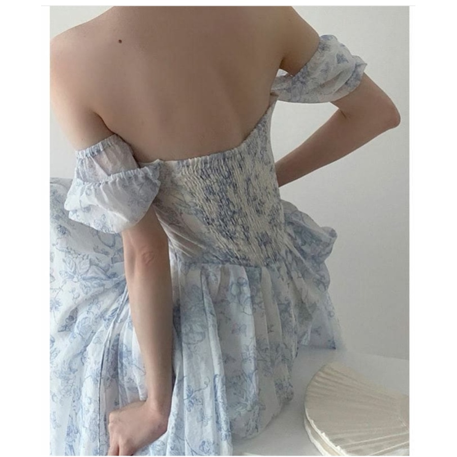 VN SUMMER DRESS / DRESS PANTAI / OFF SHOULDER FLORAL BABY BLUE DRESS KOREAN STYLE GAYA VINTAGE