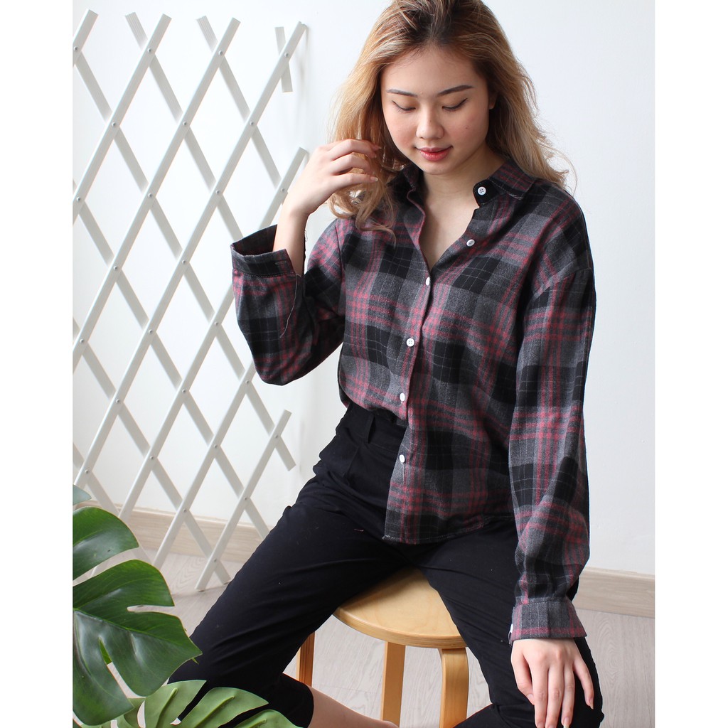 Janson Oversize Shirt Premium Cotton Kemeja Wanita Kotak Kotak Super Adem Busui Friendly-Red