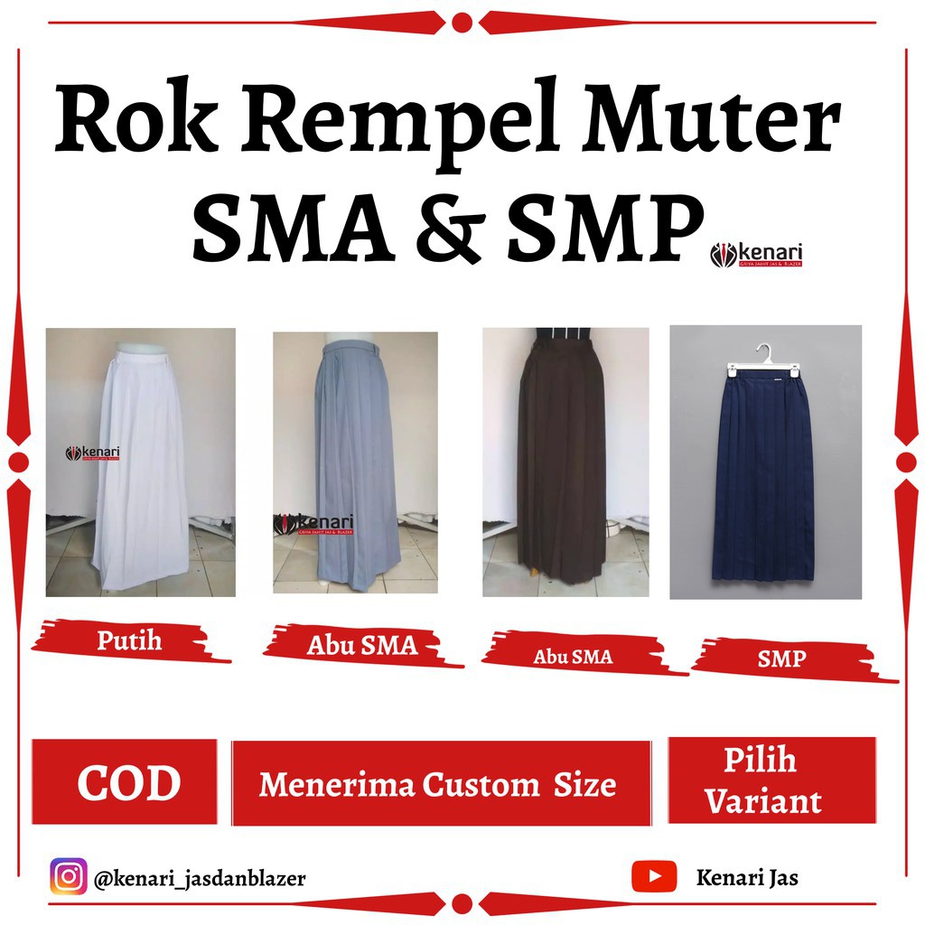 (Mix Custom Jumbo) Rok Rempel Muter Biru SMP, Abu SMA,Coklat Pramuka,Putih Rok Rempel Bisa Atur Size