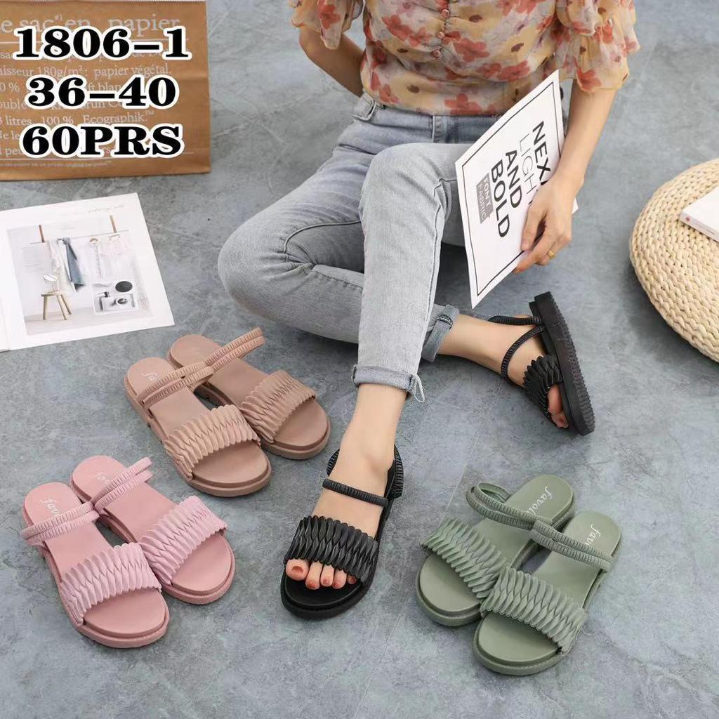 Sandal Slop Tali Wanita Jelly Import Karet Motif Daun Tali Dua Kerut Favoli 1806-1