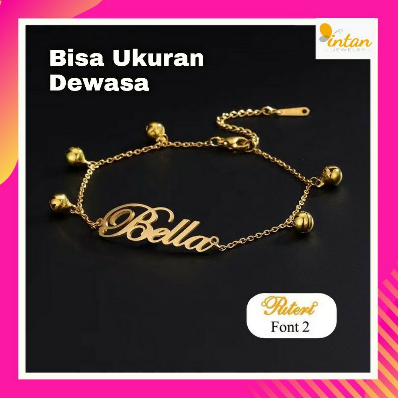 Gelang Nama Kerincing Anak Bayi Wanita Titanium Lapis Emas Custom Lonceng Silver Perak Keroncong set
