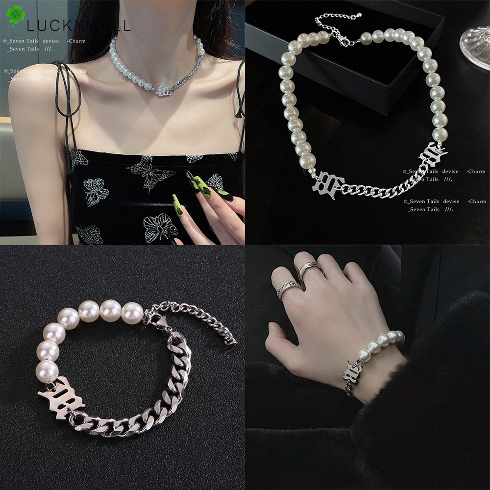 Kalung Dan Gelang Rantai Choker Hias Mutiara Warna Silver Gaya Vintage Untuk Wanita