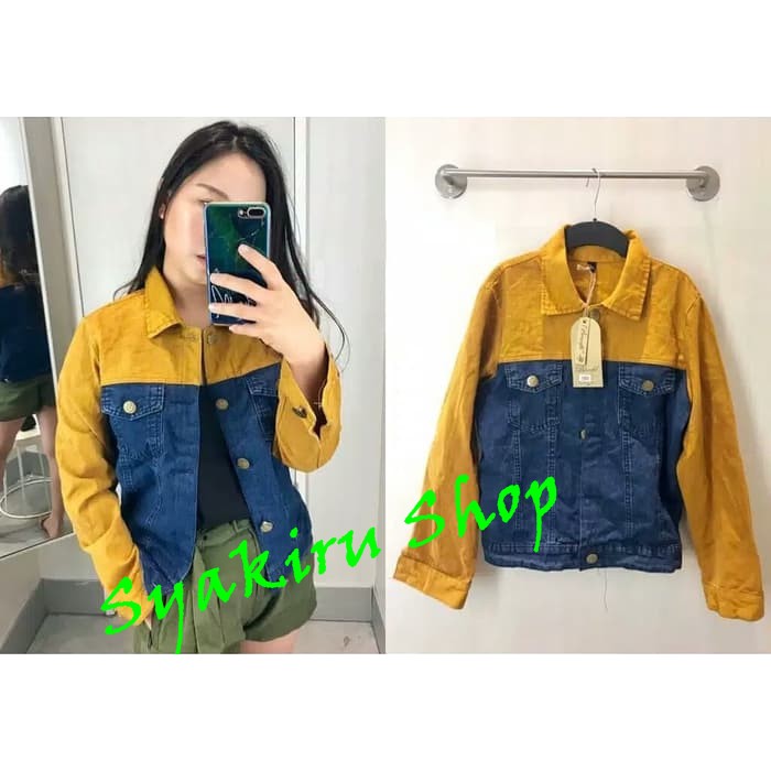 Syakiru Shop – Fashion Jaket Jeans – Jaket Denim Wanita – Jaket Jeans Denim 2 Warna Kombinasi Kuning