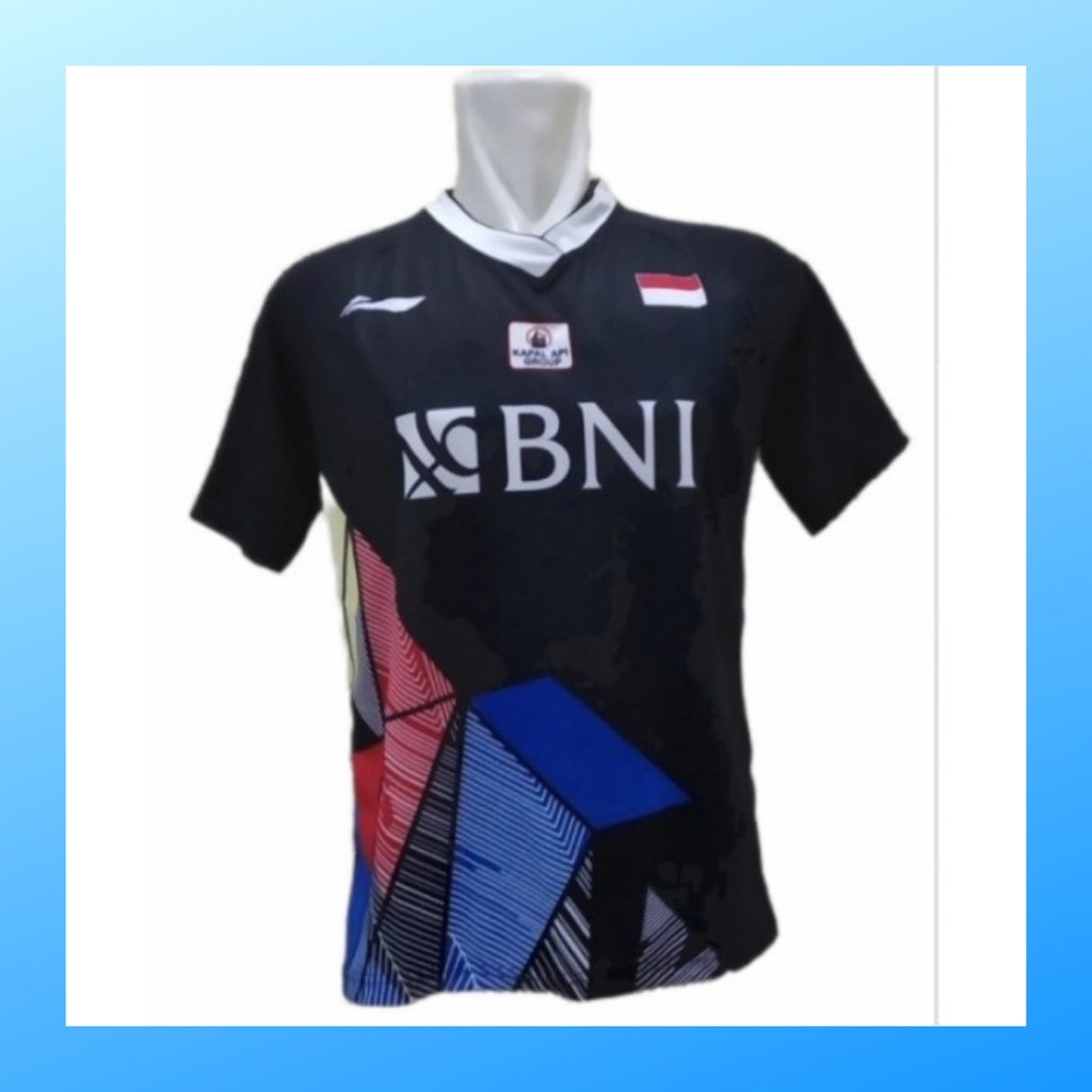 Kaos badminton pria jersey bulutangkis baju atasan jersy wanita dewasa t-shirt outfit seragam kostum olahraga casual suit pakaian jarsey oblong apparel sports jersi bulu tangkis L156 hitam sponsor