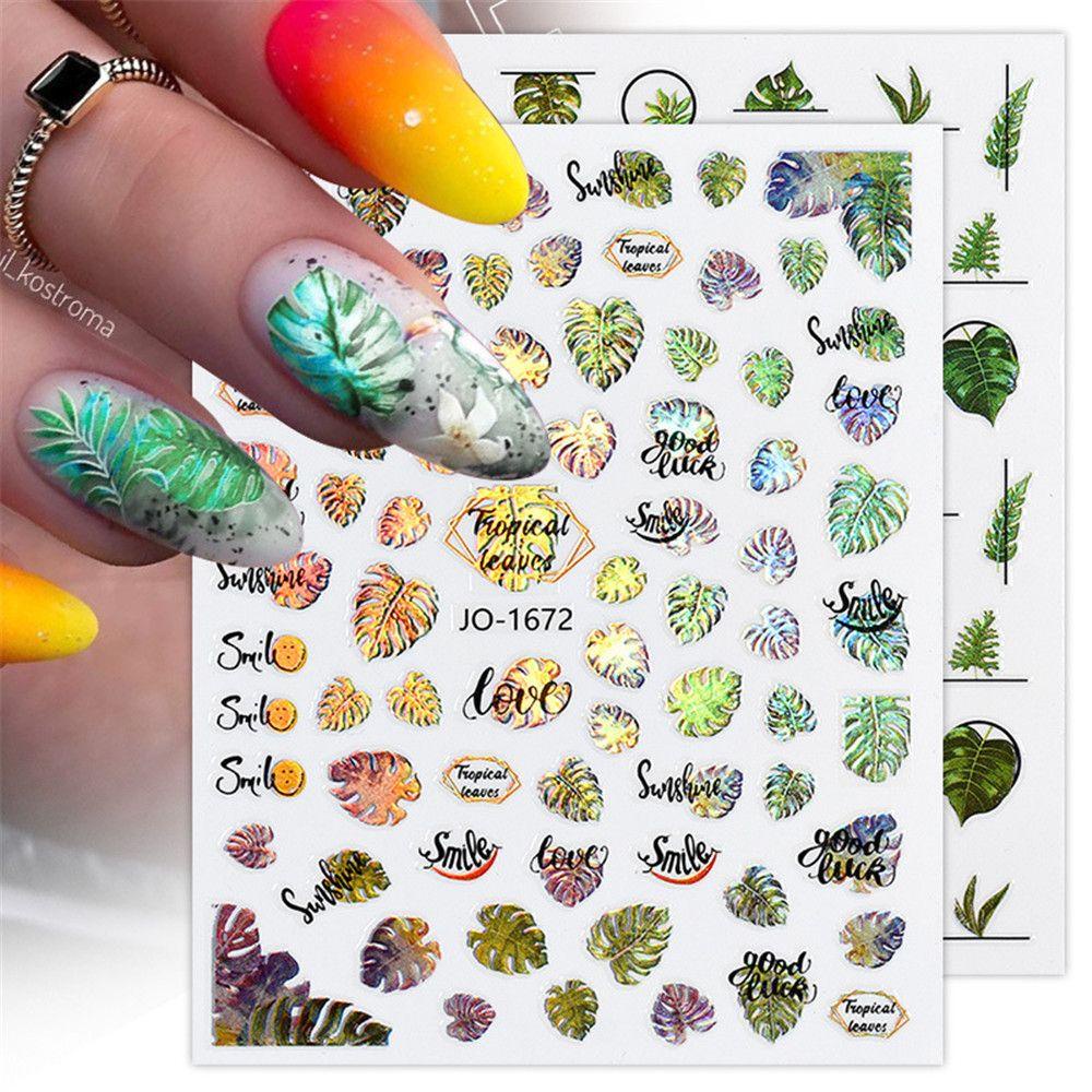 Solighter 3D Stiker Kuku Daun Hijau Selfadhesive Laser Aurora Nail Art Dekorasi