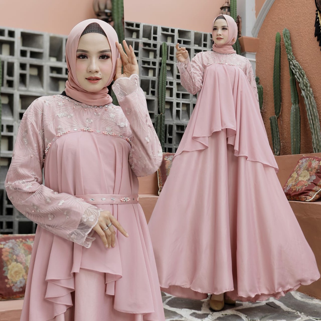 HOPYLOVY - Maxi Dress Gamis Mix Brukat Mutiara Trendy Selomita