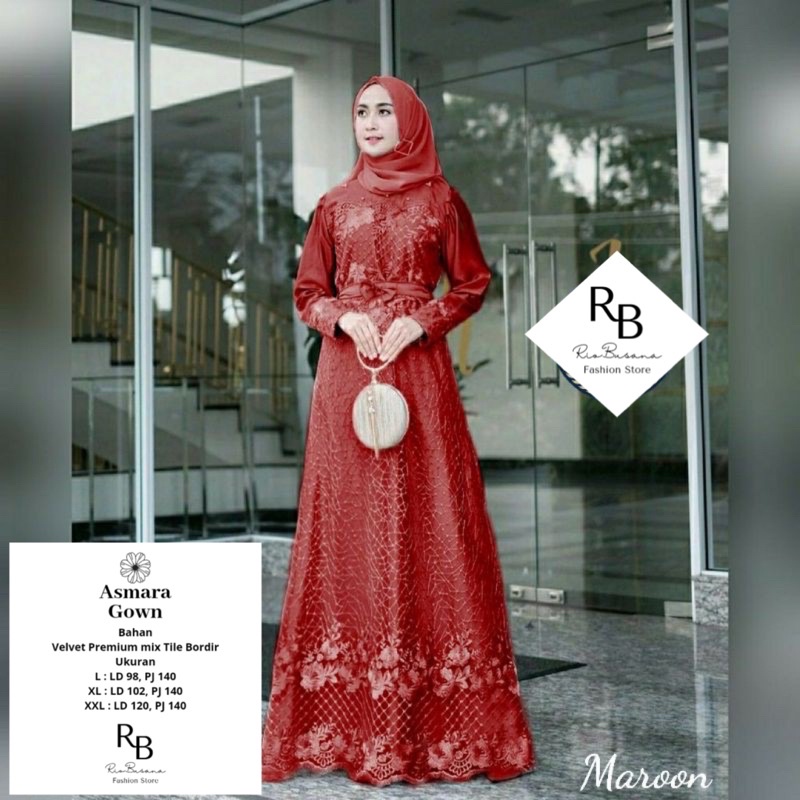 ASMARA GOWN GAUN PESTA GAMIS SYAR'I MUSLIMAH WANITA KAIN IMPORT GROSIR COD LD 120 / GAMIS TILE BROKA