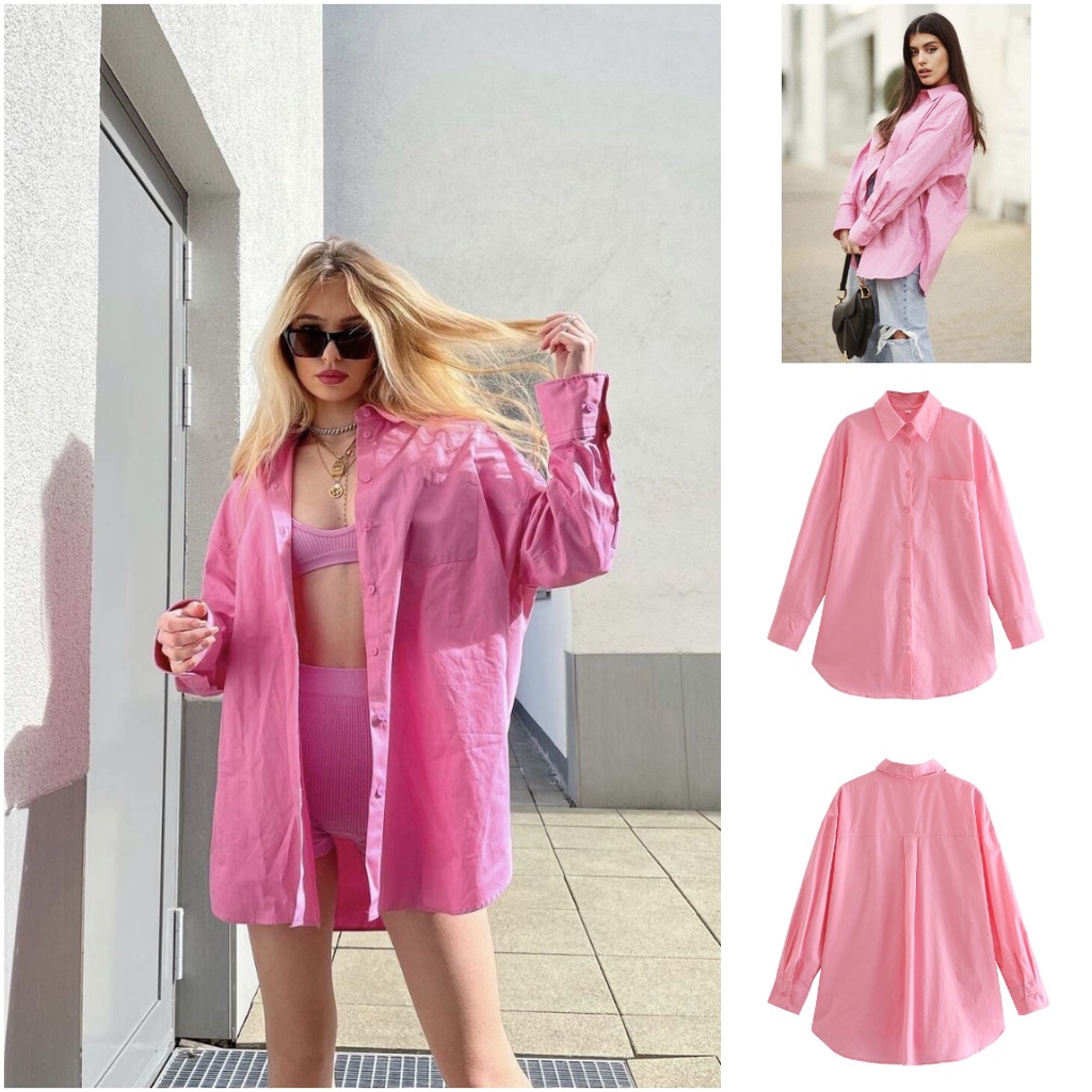 KEMEJA PINK OVERSIZE POLOS IMPORT WANITA/ KEMEJA OVERSIZE PINK POLOS 6VEN4843