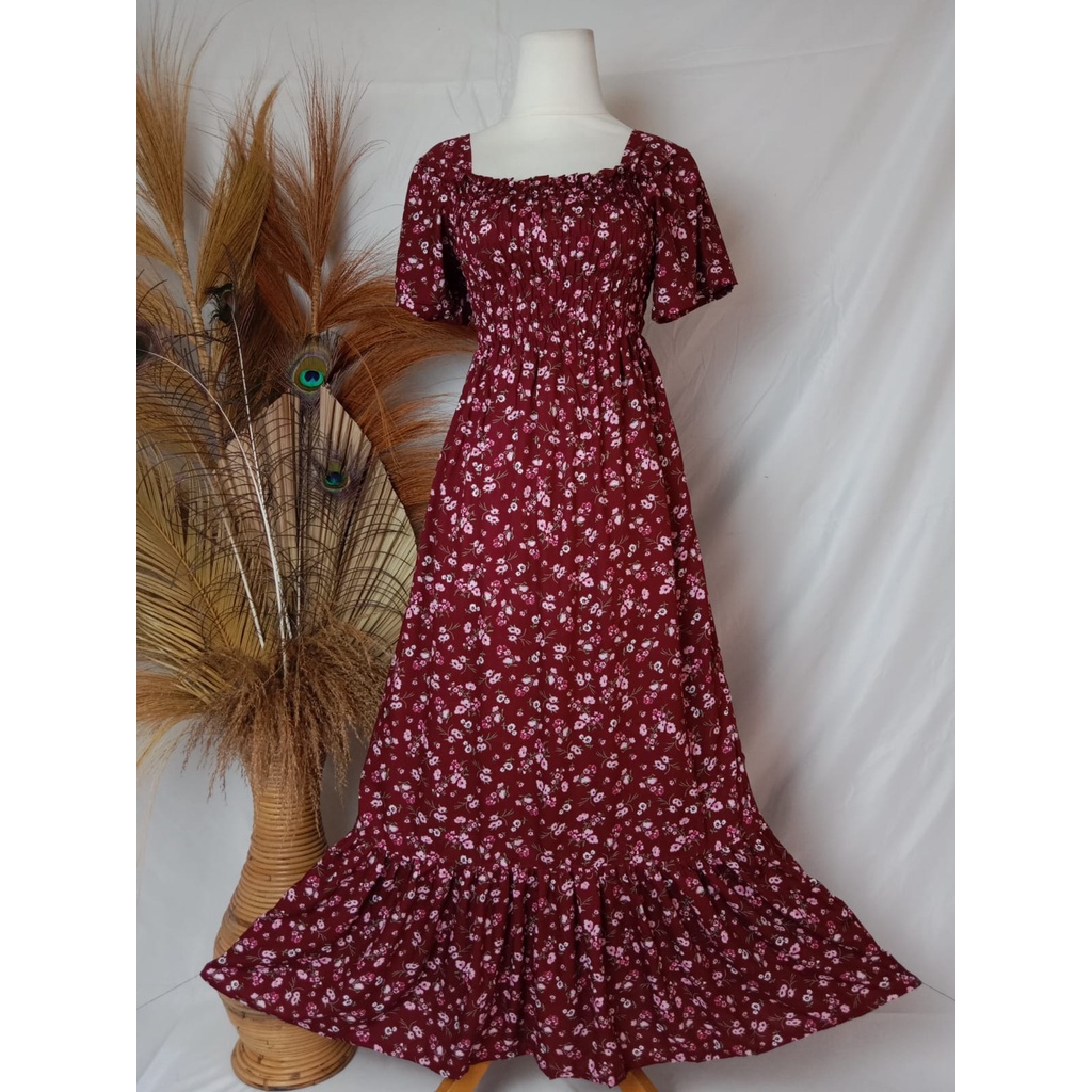 VANESSA REMPEL/ DASTER KERUT DADA REMPEL / DASTER SMOK-BUNGA PINK MAROON