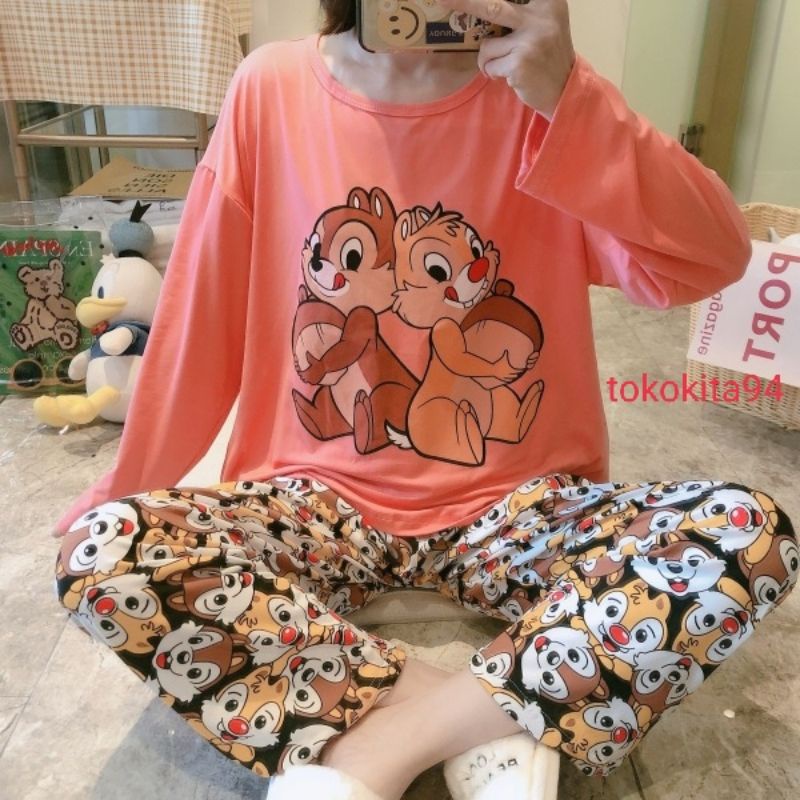 Piyama Korea  Import Wanita Lengan Panjang 1 Set - Piyama Import Lembut Adem - Pakaian Tidur Wanita