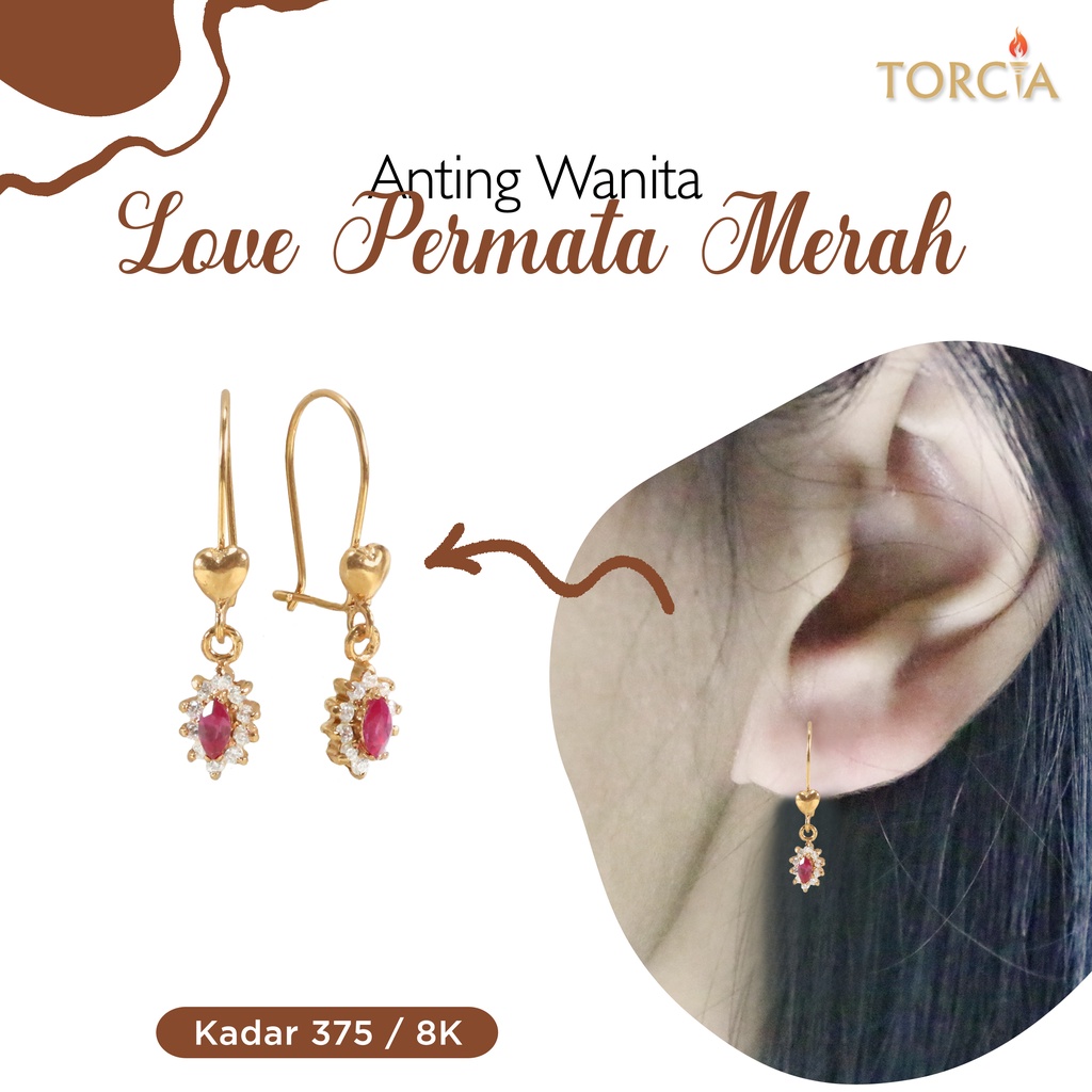 Anting Wanita Emas Asli Love Permata Merah Kadar 375 Torcia