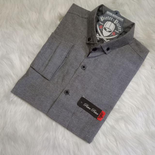 kemeja cowok polos lengan panjang slimfit hem pria kantor hitam navy putih maron army-Kemeja Panjang Abu