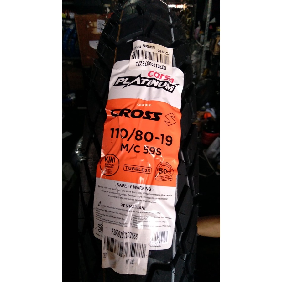 ( RING 19 ) CROSS S 110 / 80 - 19  Corsa Platinum Ban Motor CROSS Semi TRAIL TUBELESS FREE PENTIL