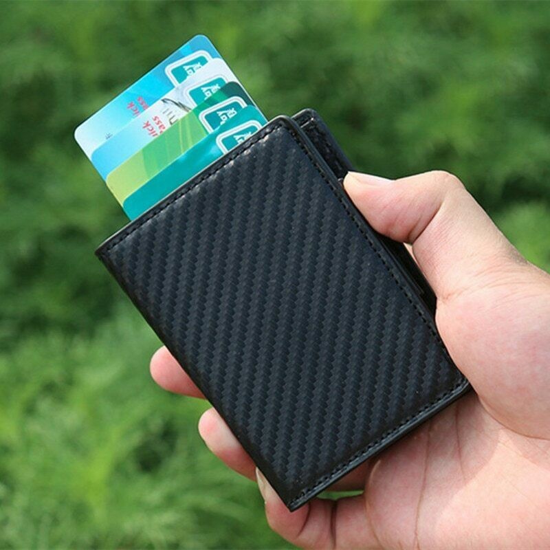 Carbon Fiber Leather Wallet with Anti RFID Pop Up Card Holder - Dompet Kartu Kredit ATM KTP SIM Uang Kertas