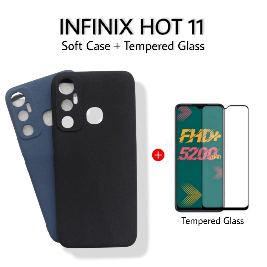 PAKET 2in1 Case INFINIX HOT 11 Soft Case Matte Sanstone Anti Fingerprint FREE Tempered Glass Layar Handphone Warna