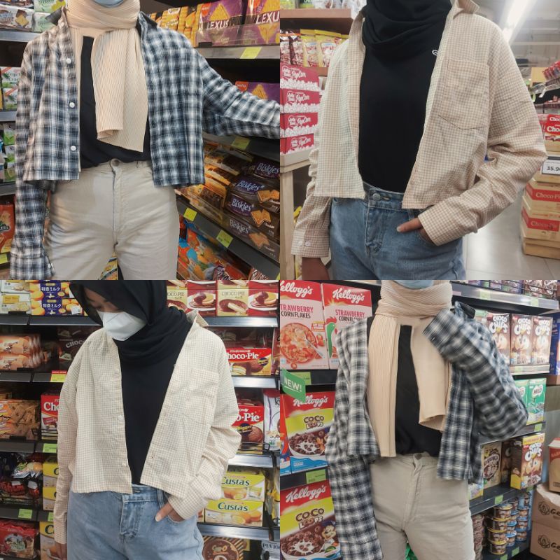Kemeja Crop Top Lengan Panjang Longgar Oversized Motif Kotak-kotak Tartan Plaid Crop Shirt Korea
