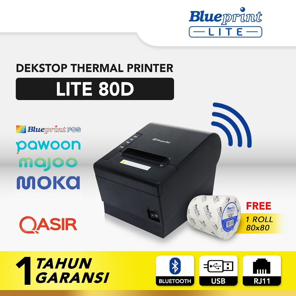 Blueprint Lite 80D Printer Kasir Thermal Struk Barcode Resi Online Shop (USB + Bluetooth + RJ11)