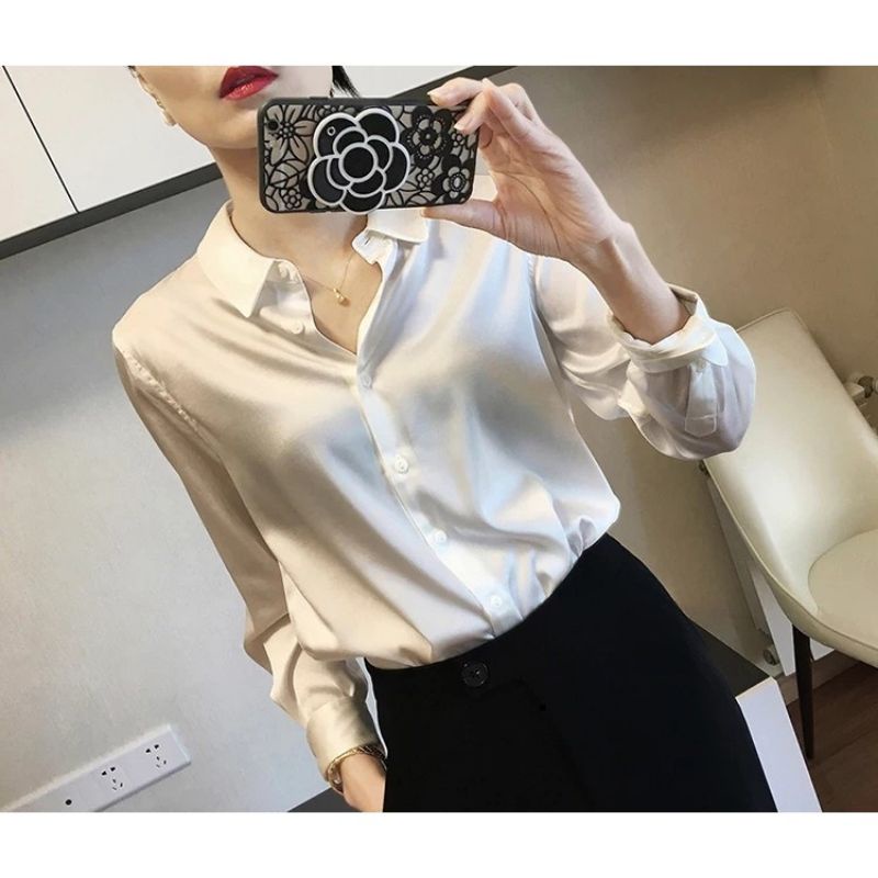 Zero~ 2520 Adella Silk Satin Plain Shirt//Atasan Kemeja &Blouse Wanita//Fashion Import-Bw