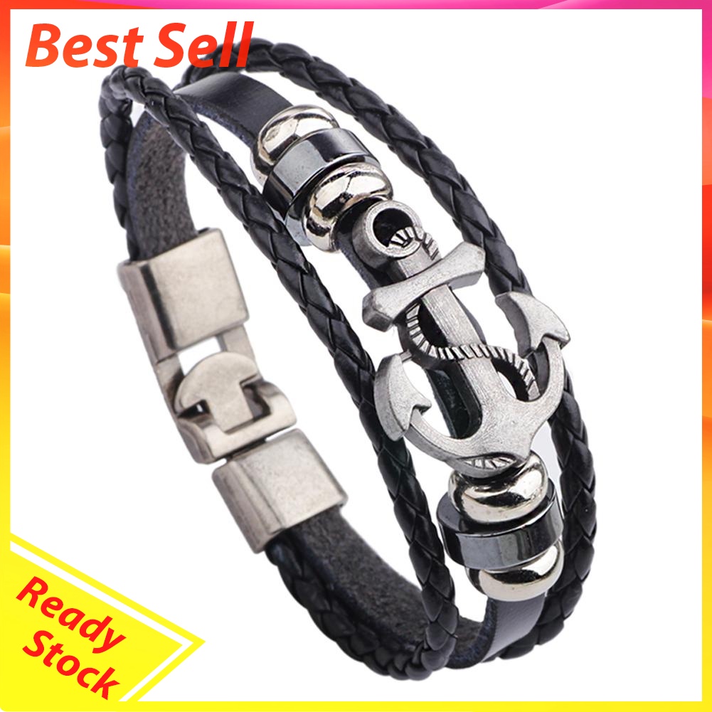 Vintage Men's Metal Anchor Steel Studded Surfer Leather Bangle Cuff Bracele