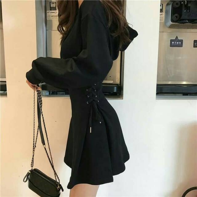 ULZZANG WAIST SHAPE HOODIE DRESS BLACK