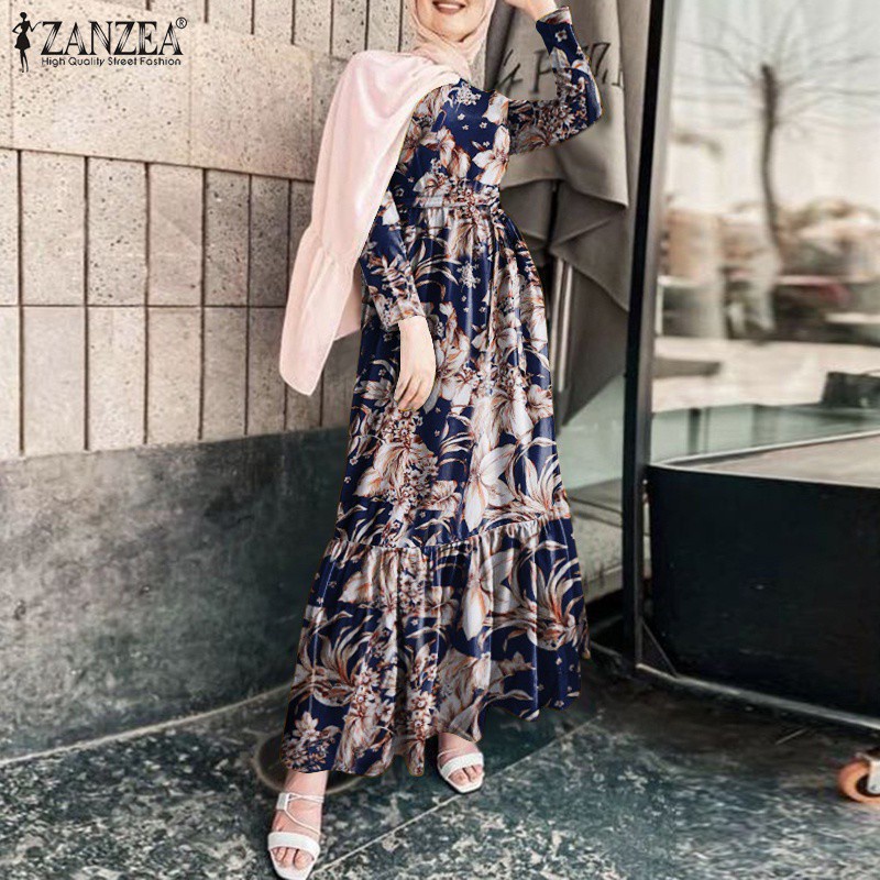 ZANZEA Women Elastic Waist Belted Patchwork Floral Printed Muslim Maxi Dress