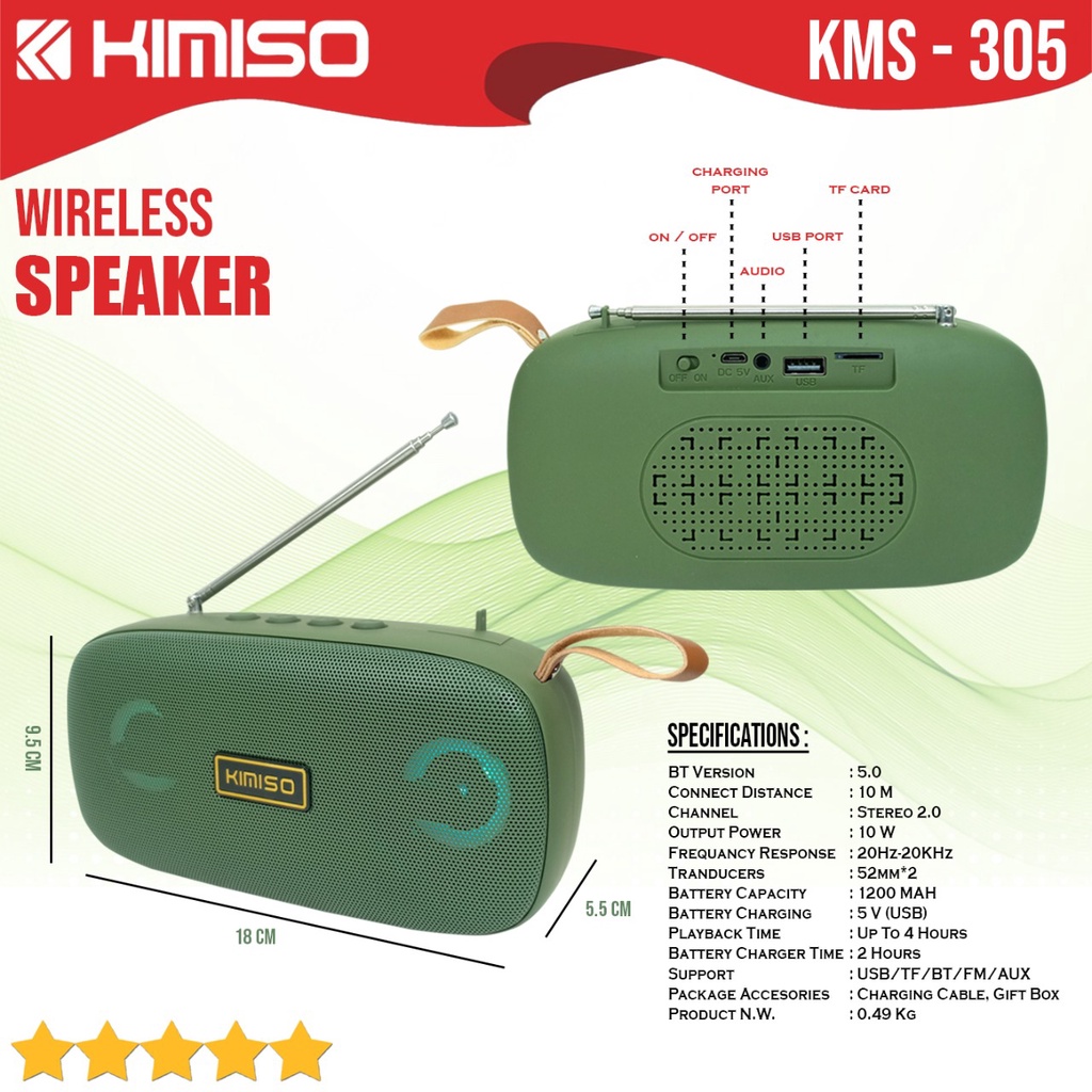 Speaker Bluetooth 5.0 LED KIMISO KM-305 Portable Speker Wireless Antena KMS 305 KMS305