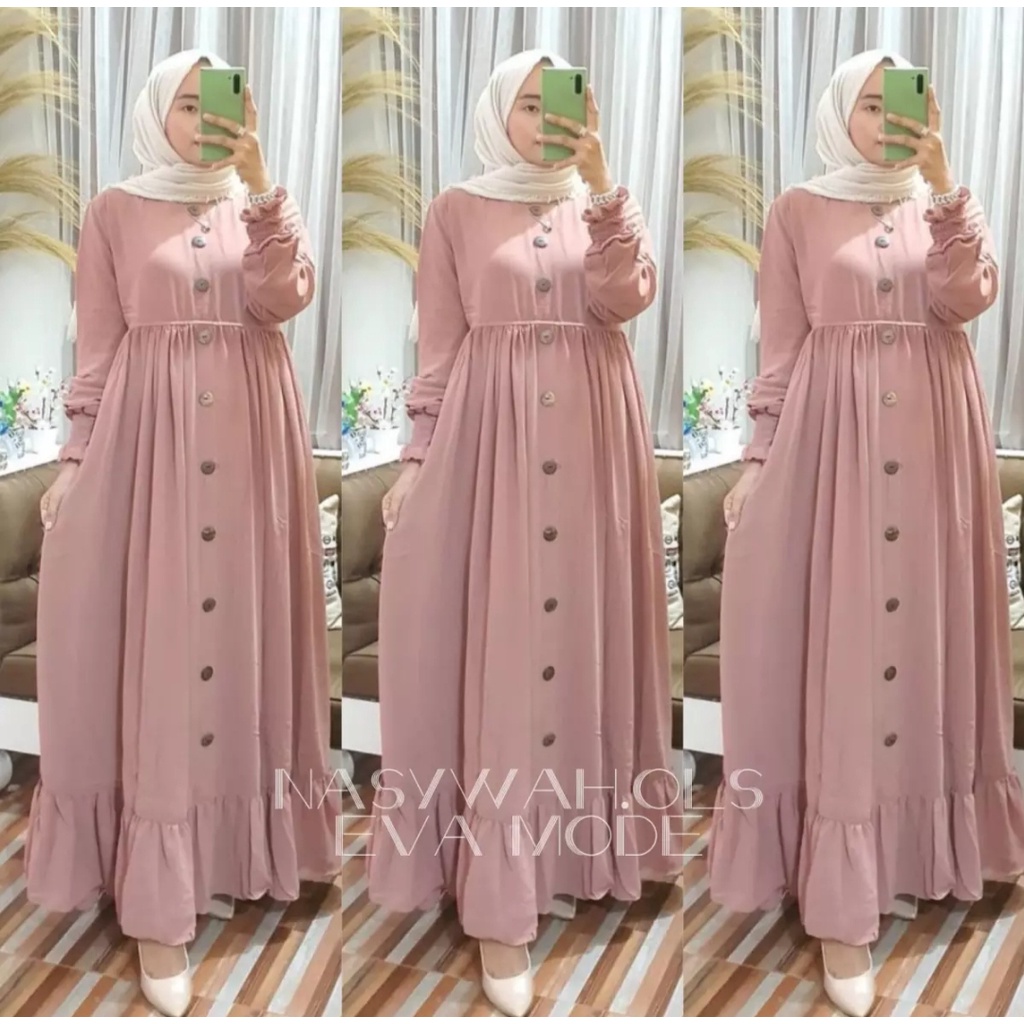 amora maxi gamis ceruty bebydoll / gamis ceruty kancing terbaru dan kekinian/ gamis syarii ceruty bebydoll