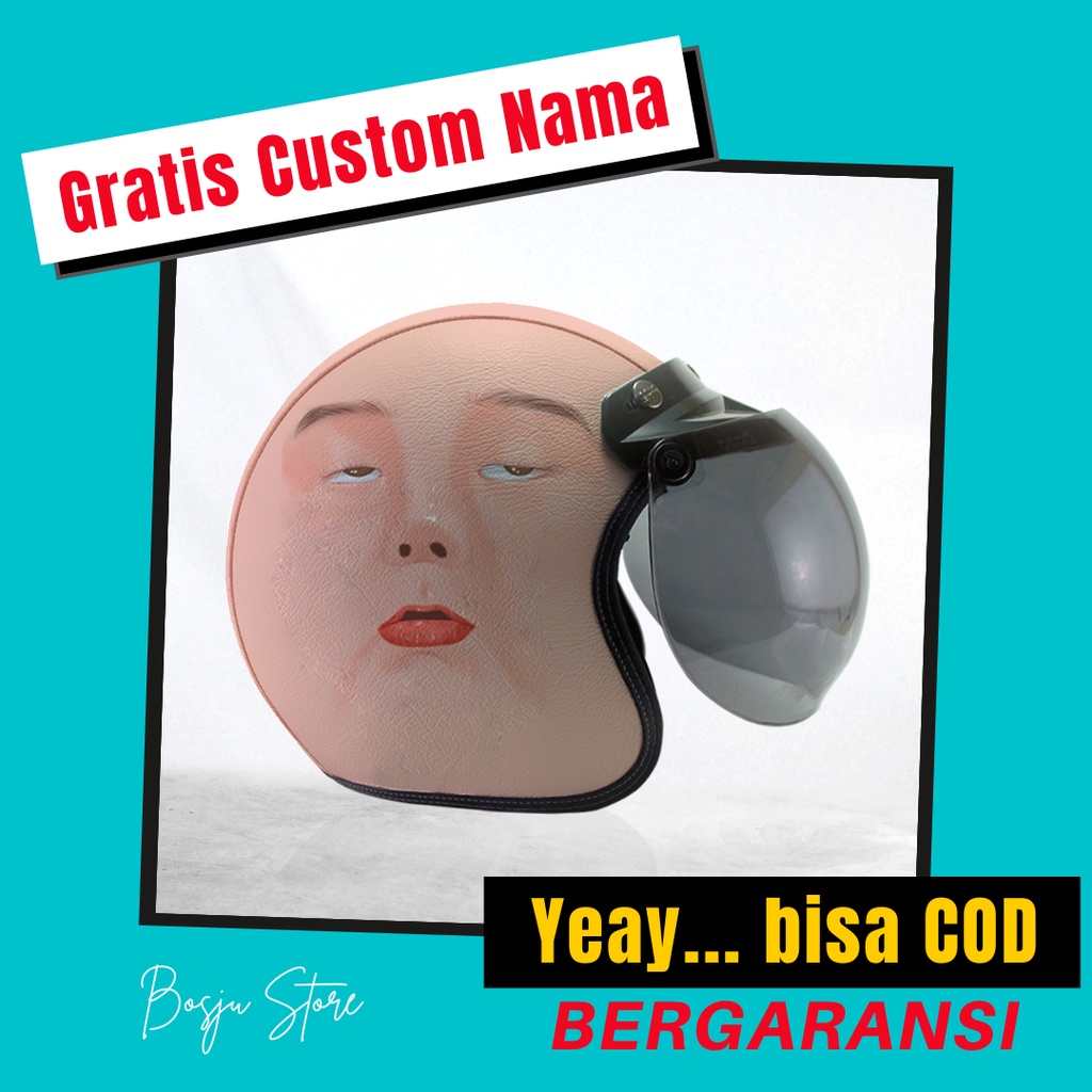 Helm Bogo Motif Wajah Orang | Custom Warna Nama | Helem Retro Klasik Anak Cewek Wanita Remaja Dewasa