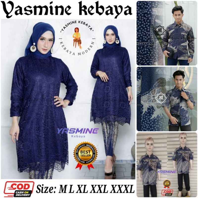 Tunik Brokat Couple Kondangan Sarimbit Batik Motif SR Navy | Baju Pasangan Modern Jumbo XXL XXXL | K