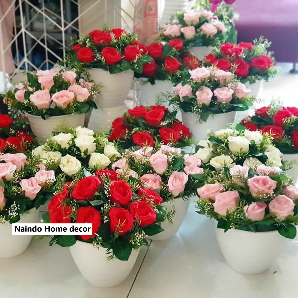 Naindo Bunga rangkaian mawar plus pot hiasan ruang tamu &amp; kantor-bunga meja-bunga imitasi
