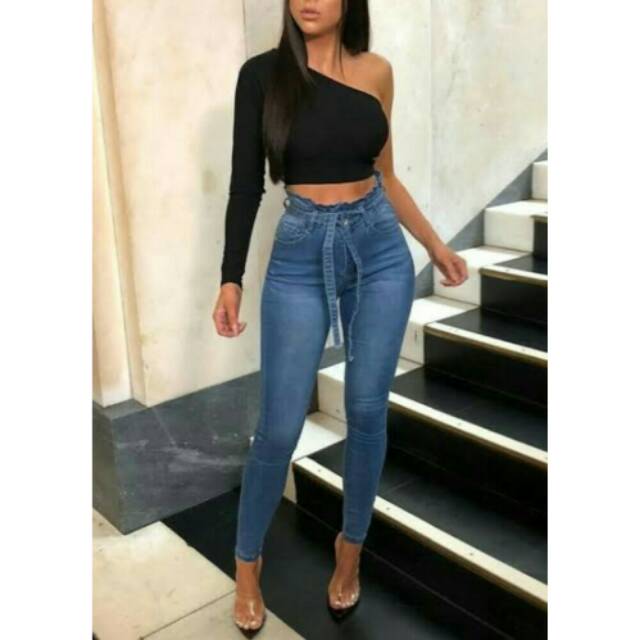Celana Jeans Wanita Highwaist HW Belt Tali Pinggang import High Quality