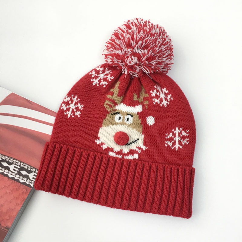 Topi Santa Claus Bahan Wol Warna Merah Aksen pompom Untuk Natal