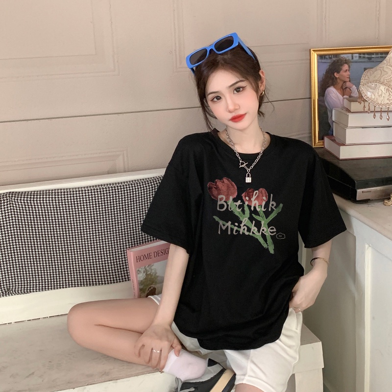 XIAOZHAINV Korean Style Tulip Pattern Printing Kaos Wanita A0005