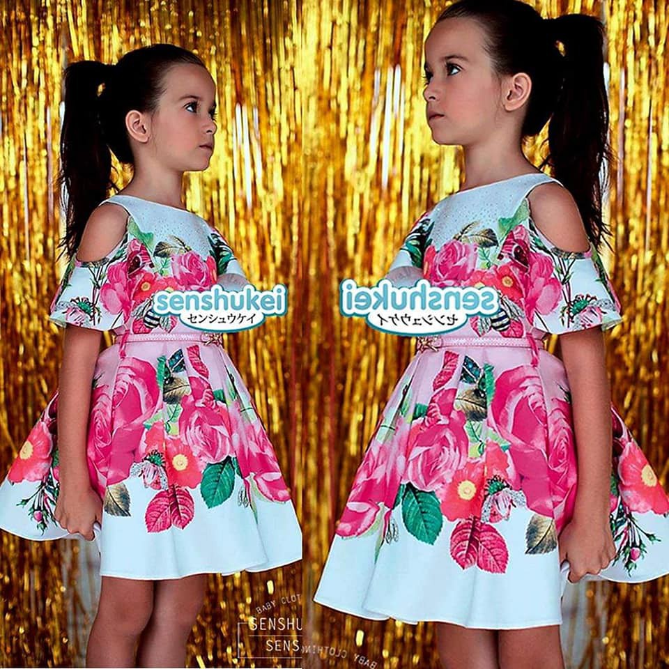 Dress anak cewek Feminine Flower Cut Off Shoulde