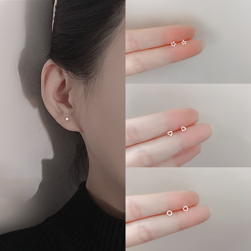 1 Pasang Anting Tusuk Sterling Silver 925 Bentuk Bintang / Hati Mini Lucu Untuk Wanita